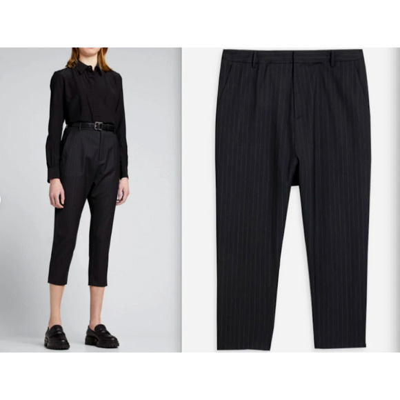 New! Nili Lotan 6 Wool Pinstripe Paris Pants $595 High Waist Drop Crotch Black - Picture 1 of 10
